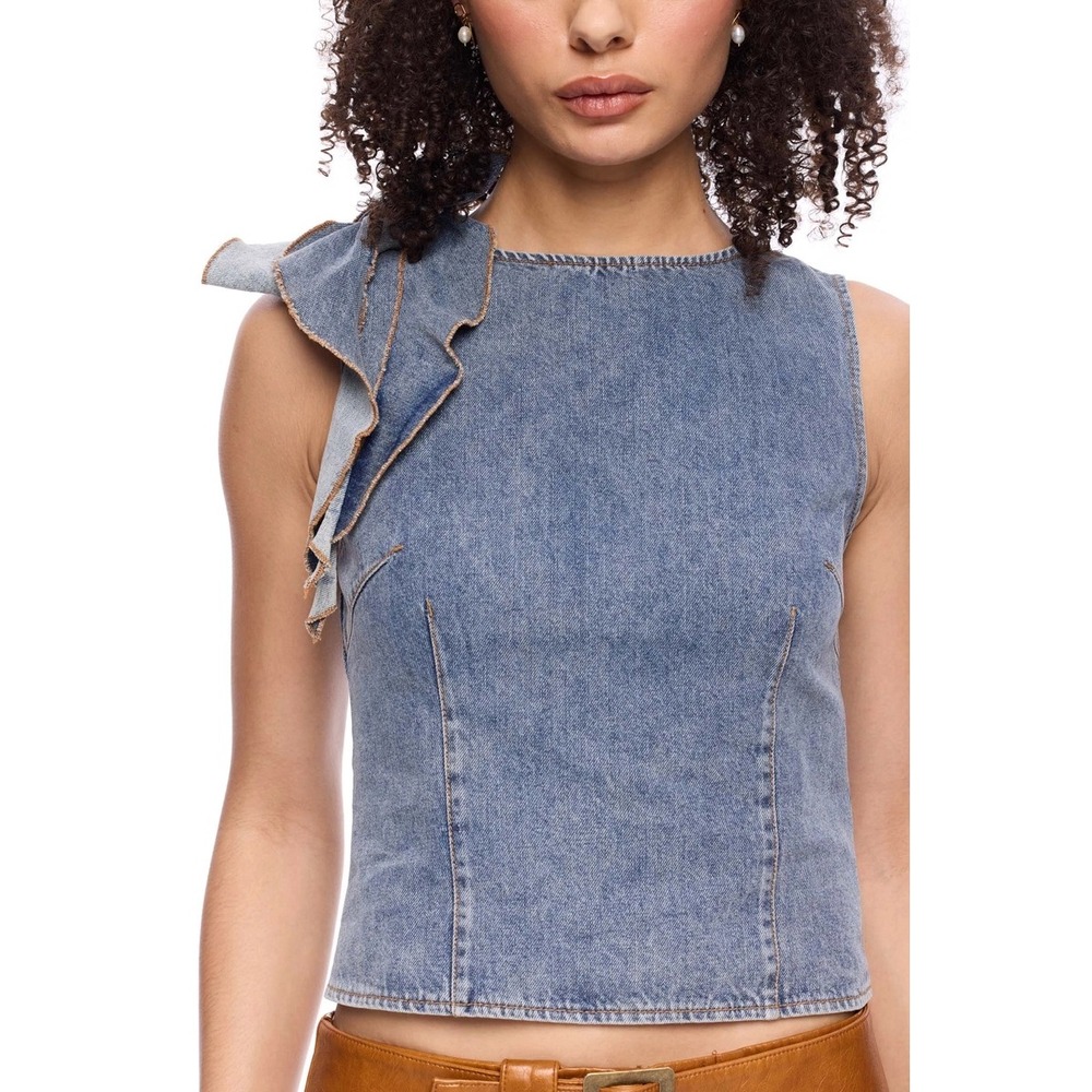 NWT Lioness Faded Denim Ruffle Shoulder Tank Top XS Going‎ Out Retro